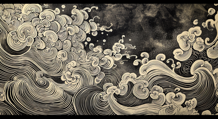 Midjourney AI woodcut woodblock print Japanese swirls ok