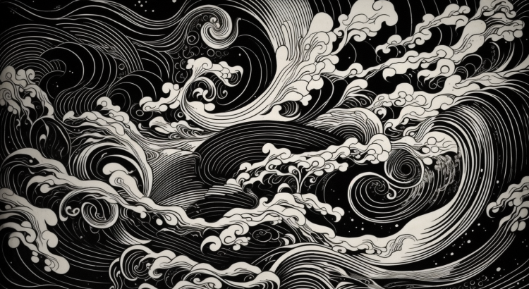 Midjourney AI woodcut woodprint Japanese swirls ok