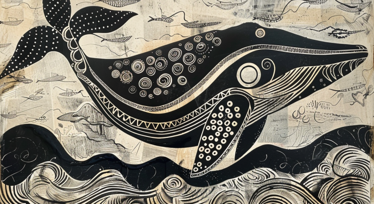 Midjourney AI woodcut woodblock print whale waves Picasso cropped