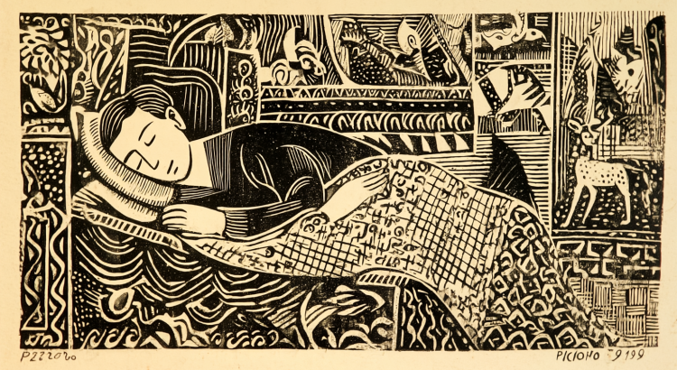 Midjourney AI woodblock print Picasso sleeping